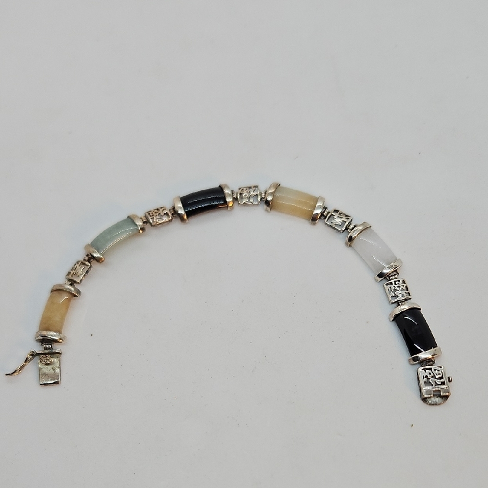 Sterling And Jade/Onyx/Citrine(?) Panel Bracelet